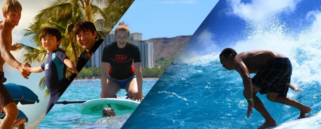 Two students learning to surf with an instructor