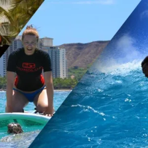 Two students learning to surf with an instructor