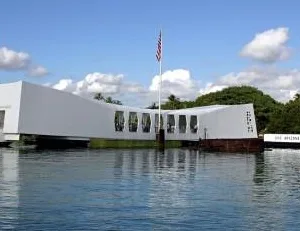Historic Pearl Harbor memorial with visitors from Waikiki