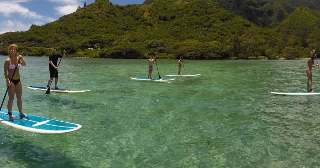 Paddleboarders and kayakers exploring calm waters