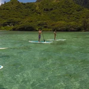 Paddleboarders and kayakers exploring calm waters
