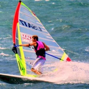 Windsurfing session with rigged equipment ready to sail