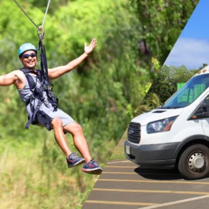 Zipline tour participant flying through jungle canopy