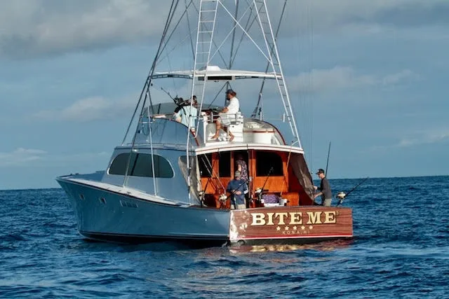 Sport fishing boat docked at marina