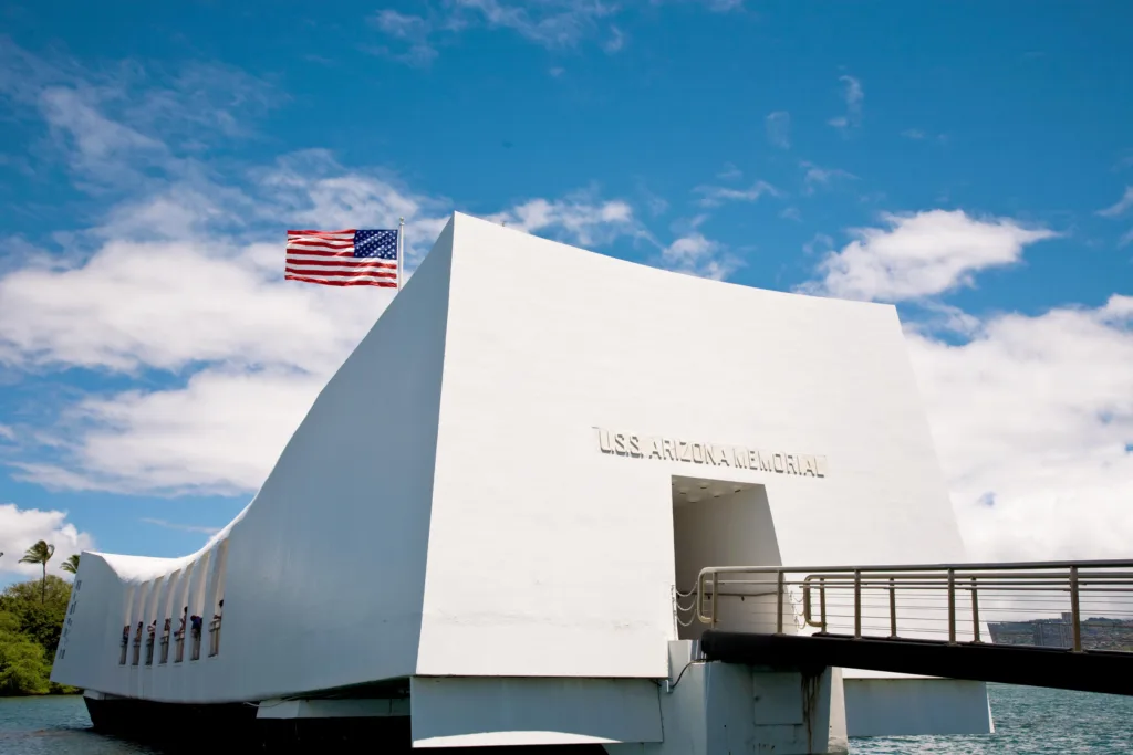 USS Arizona Memorial at Pearl Harbor with visitors