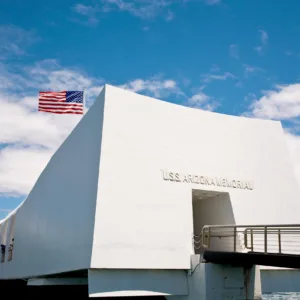 USS Arizona Memorial at Pearl Harbor with visitors