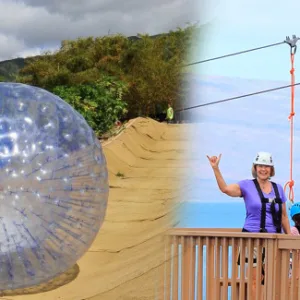 Adventurers ziplining through lush Maui forest
