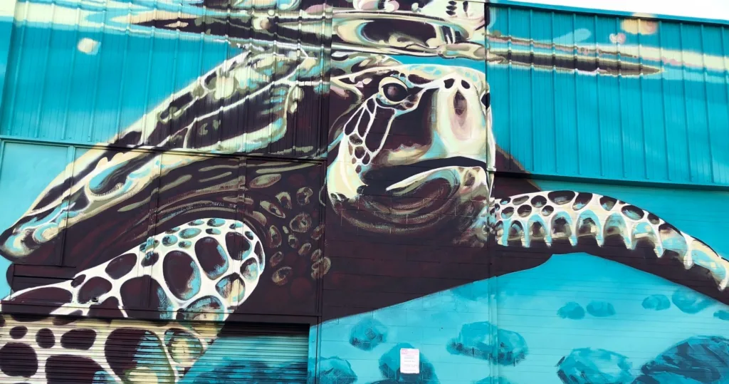 Tour group walking past colorful street murals