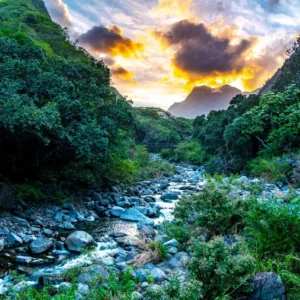 Hiker with backpack on Iao Valley trail