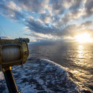 Fishing boat near Diamond Head in Hawaii