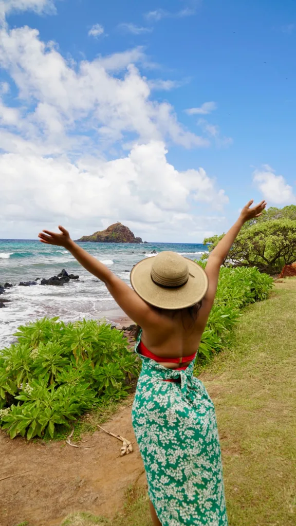 Luxury vehicle parked near tropical waterfall