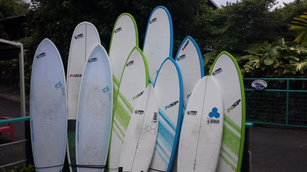 Various epoxy surfboards lined up on beach
