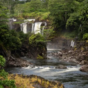 Big Island waterfall with rocky surroundings