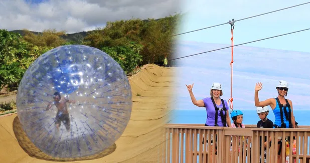 Person inside giant inflatable aquaball on water