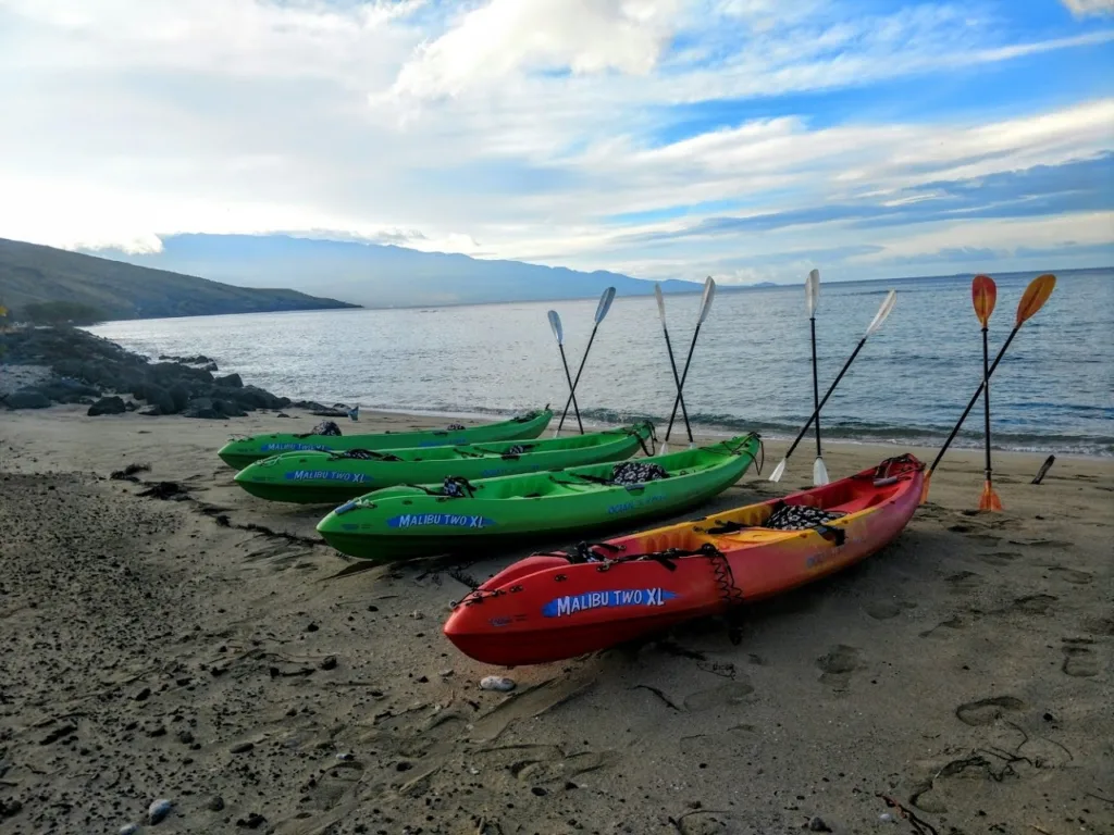 Kayakers paddling along Wailea’s scenic coastline