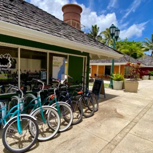 Cyclist riding bike along Kauai coastline trail