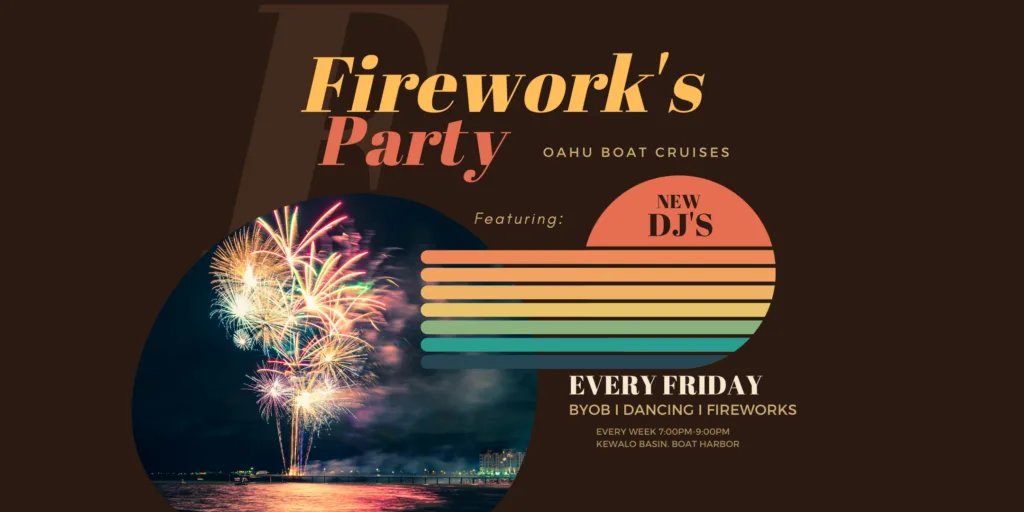 Catamaran lit up during Friday night fireworks cruise