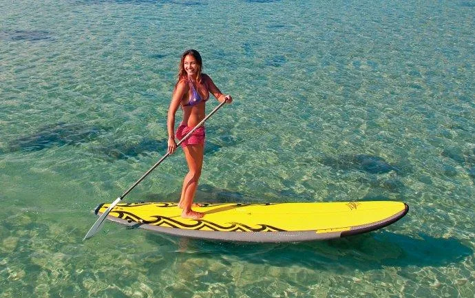 Paddleboard class participants learning to stand on boards
