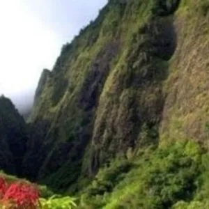 View of Iao Valley’s green peaks and misty landscape