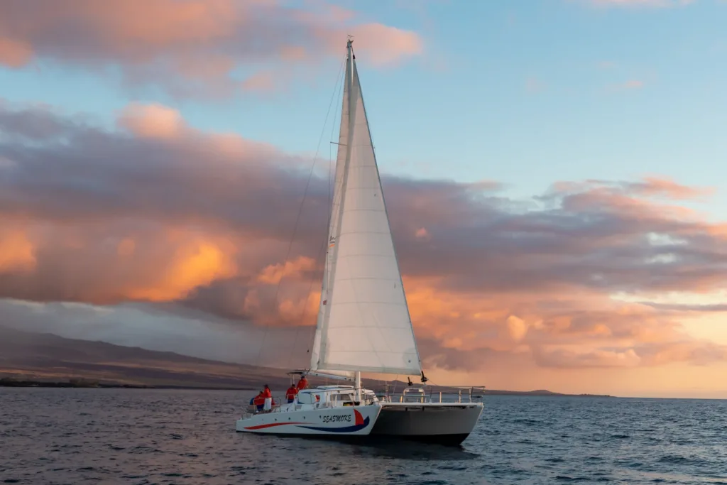 Sailing catamaran cruising near Big Island coastline