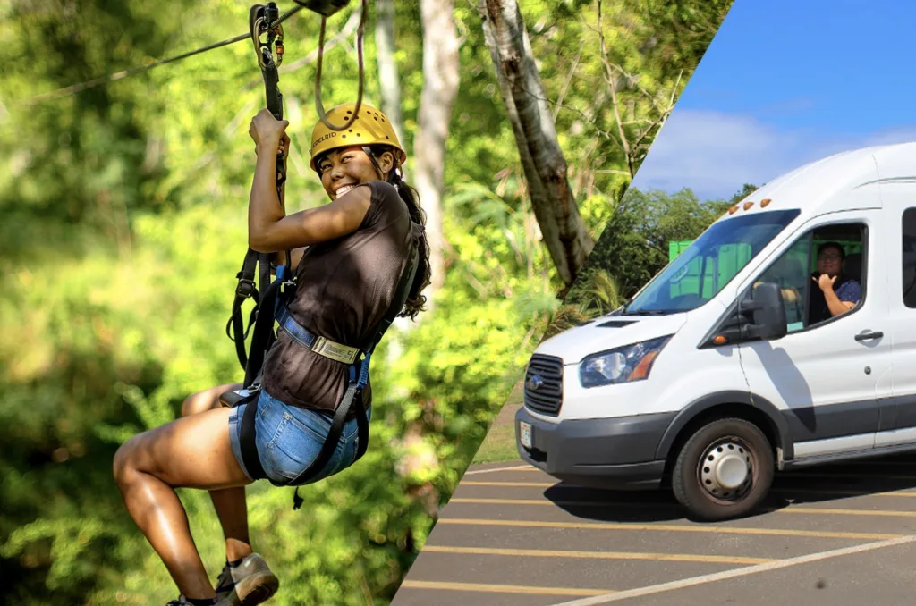 Participant zipping down medium-length zipline