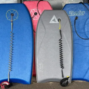 Bodyboards displayed for rent at Kauai surf shop