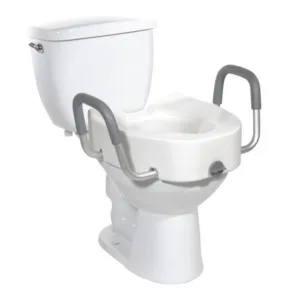 Raised toilet seat with handles for added bathroom safety