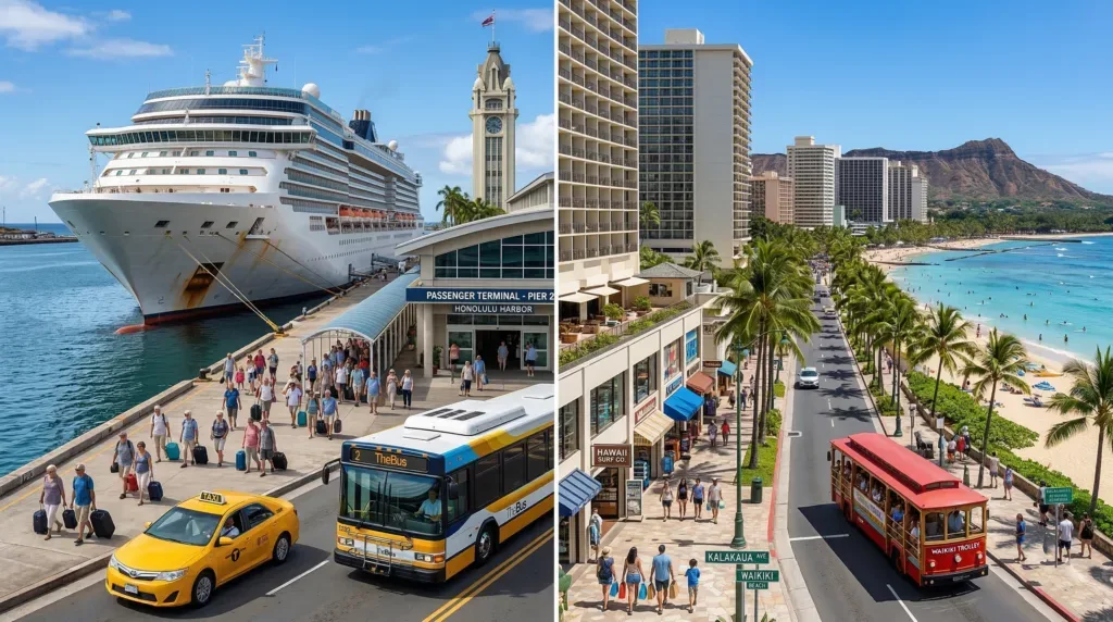 Shuttle van parked at cruise ship pier terminal