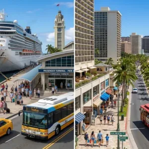 Shuttle van parked at cruise ship pier terminal