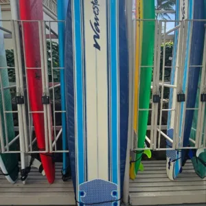 Soft 8-foot WaveStorm surfboard near rental locker
