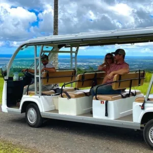 Electric bus touring lush farm in Hilo