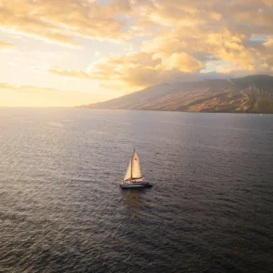 Catamaran sailing on calm ocean at sunset