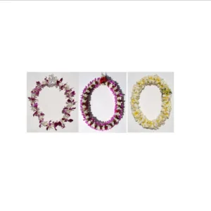Colorful Hawaiian flower leis arranged for event