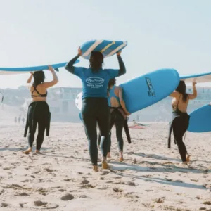 Group of surfers learning on small waves