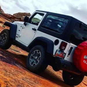 Four-door Jeep parked on rugged Hawaiian terrain