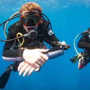 Scuba diver exploring vibrant coral reef underwater