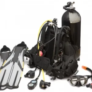 Full scuba diving gear laid out for rental