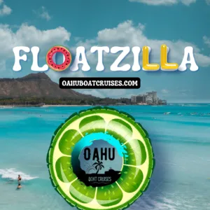 People floating on inflatable rafts during ocean playground event