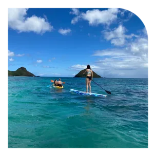 Person paddling a kayak on clear ocean water