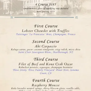 Elegant four-course dinner setup at Moana Surfrider