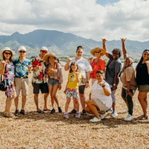 Tour group visiting historic Hawaiian cultural site