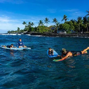 Group surfing lesson at sunrise in Kailua-Kona