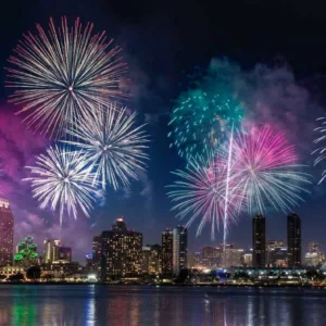 Boat cruising near Waikiki Beach during fireworks show