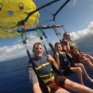 Parasailing high above Waikiki and Honolulu ocean waters