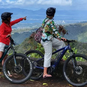 Solar-powered electric-assist bicycle parked on trail