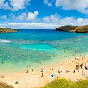 Clear waters and coral reefs at Hanauma Bay Nature Preserve