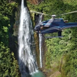 Helicopter flying over Kauai’s valleys and waterfalls