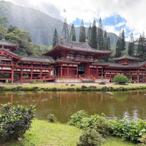 Tour bus parked near Byodo-In Temple in Hawaii