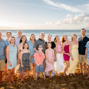 Family gathered for formal portraits on a Maui beach