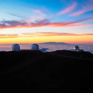 View of Maunakea Observatory summit at sunset